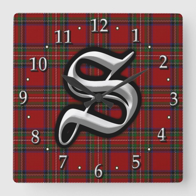 Clan Stewart Letter S Monogram Royal Red Tartan Square Wall Clock (Front)