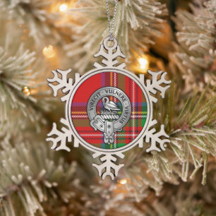 Clan Stewart Stuart Crest & Tartan Snowflake Pewter Christmas Ornament