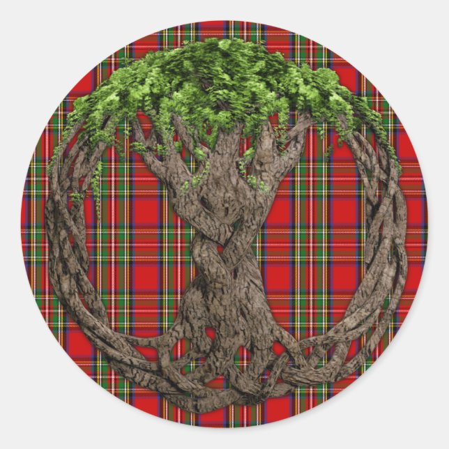 Clan Stewart Tartan And Celtic Tree Of Life Classic Round Sticker (Front)