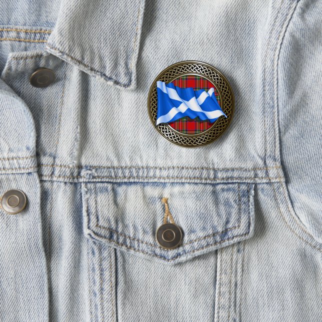 Clan Stewart Tartan Knot & Flag 2 Inch Round Button (In Situ)