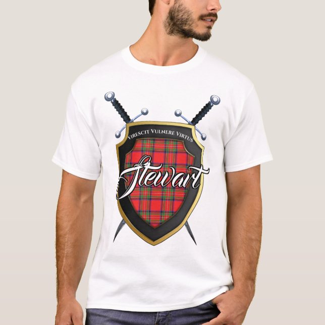 Clan Stewart Tartan Scottish Shield T-Shirt (Front)