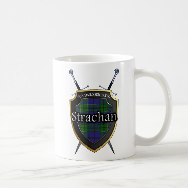 Clan Strachan Tartan Shield and Swords Coffee Mug (Right)