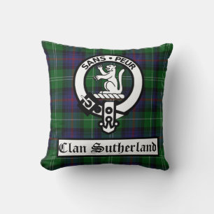 Clan Sutherland Crest Badge & Tartan Throw Pillow