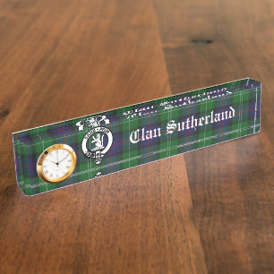 Clan Sutherland Crest & Tartan Clock Deskplate Nameplate