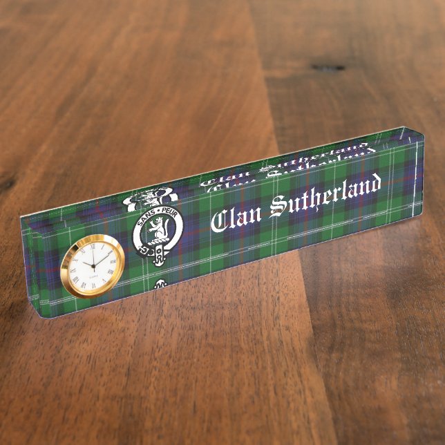 Clan Sutherland Crest & Tartan Clock Deskplate Nameplate (Side)