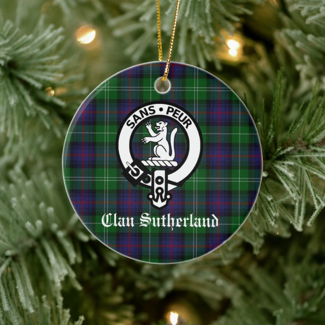 Clan Sutherland Crest & Tartan Customizable Ceramic Ornament (Tree)
