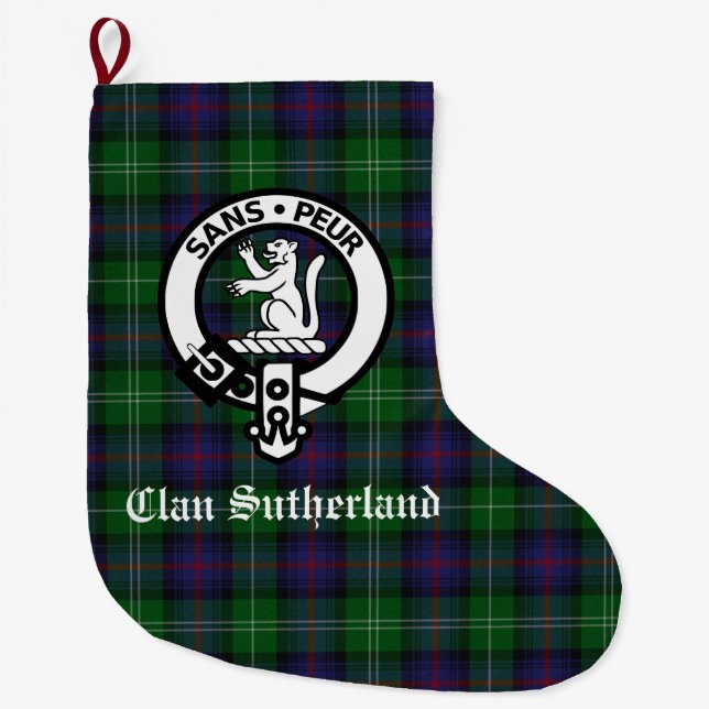 Clan Sutherland Crest & Tartan Customizable Large Christmas Stocking (Front)