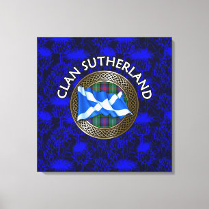 Clan Sutherland Crest & Tartan Knot on Thistle Canvas Print