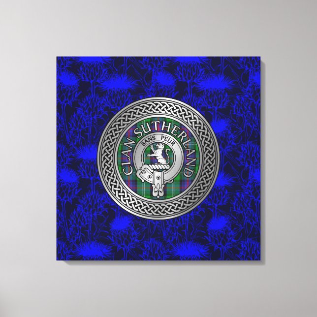 Clan Sutherland Crest & Tartan Knot on Thistle Canvas Print (Front)