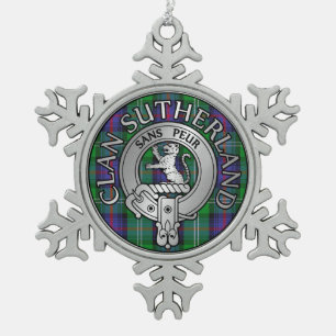 Clan Sutherland Crest & Tartan Snowflake Pewter Christmas Ornament