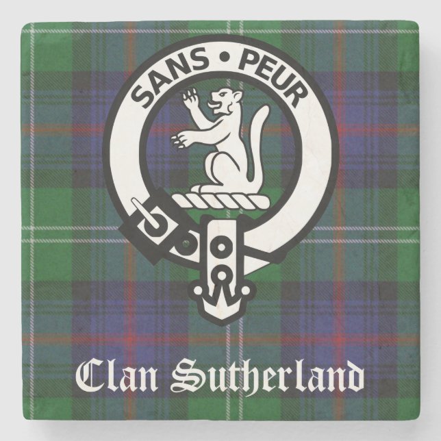 Clan Sutherland Crest & Tartan Stone Coaster (Front)
