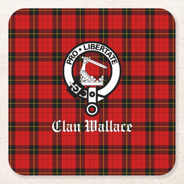 Clan Wallace Crest Badge and Tartan Square Paper Coaster (Front)