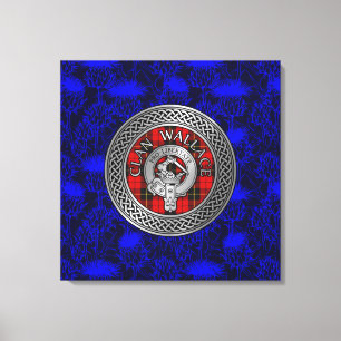 Clan Wallace Crest & Tartan Knot on Thistle Canvas Print