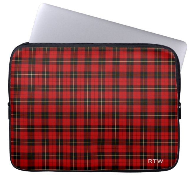 Clan Wallace Tartan Red and Black Plaid Monogram Laptop Sleeve (Front)