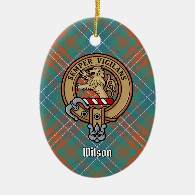 Clan Wilson Crest over Ancient Tartan Ceramic Ornament (Front)
