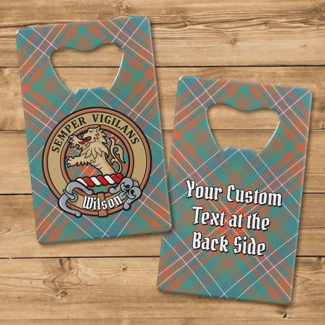 Clan Wilson Crest over Ancient Tartan Credit Card Bottle Opener (Creator Uploaded)