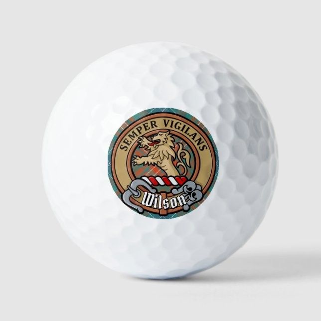 Clan Wilson Crest over Ancient Tartan Golf Balls (Front)
