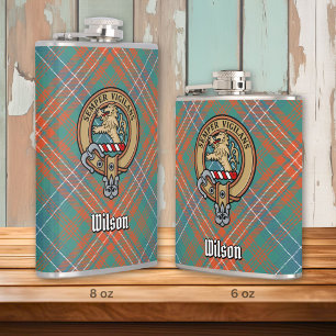 Clan Wilson Crest over Ancient Tartan Hip Flask