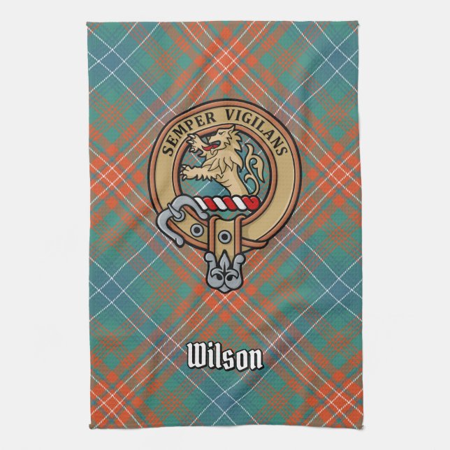 Clan Wilson Crest over Ancient Tartan Kitchen Towel (Vertical)