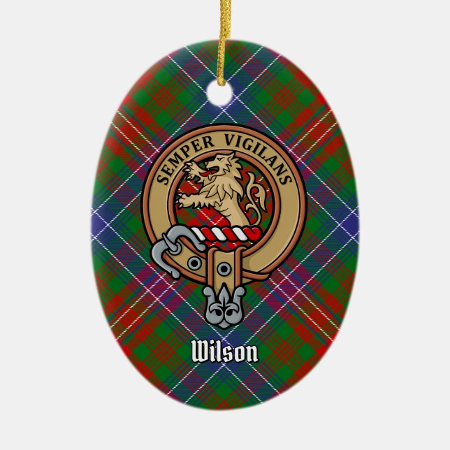 Clan Wilson Crest over Modern Tartan Ceramic Ornament (Front)