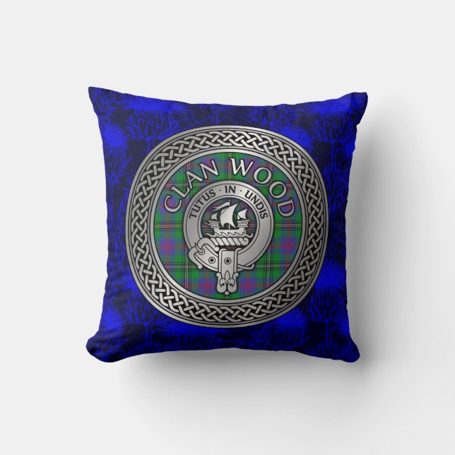 Clan Wood Crest & Tartan Knot Throw Pillow (Front)