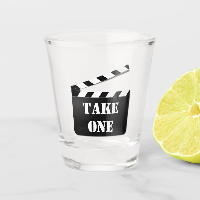 Clapperboard Take One or Your Text Black and White Shot Glass (Front)