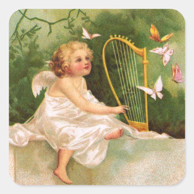 Clapsaddle: Angel Playing Harp Square Sticker (Front)