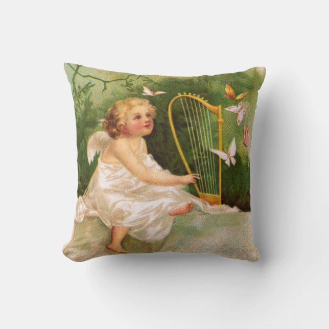 Clapsaddle: Angel Playing Harp Throw Pillow (Front)
