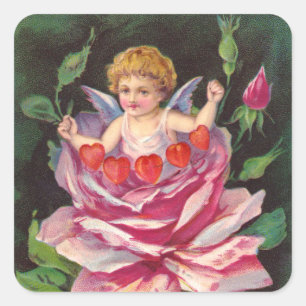 Clapsaddle: Flower Cherub Rose Square Sticker