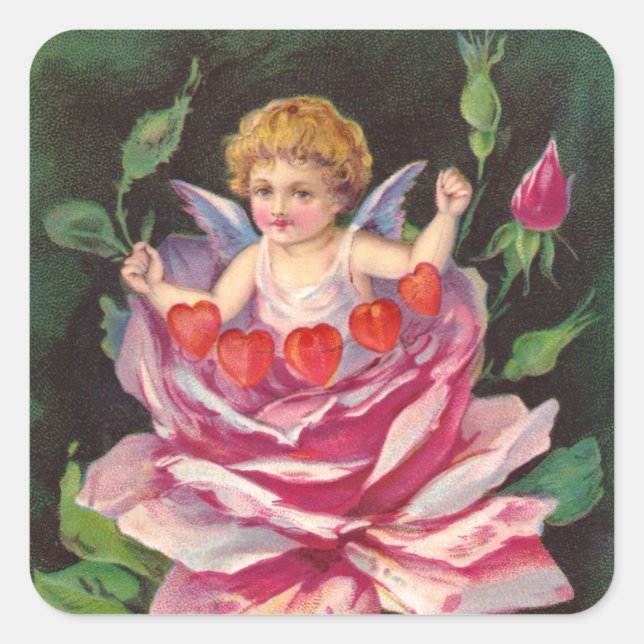 Clapsaddle: Flower Cherub Rose Square Sticker (Front)