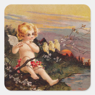 Clapsaddle: Little Cherub with Flute and Birds Square Sticker