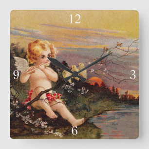 Clapsaddle: Little Cherub with Flute and Birds Square Wall Clock