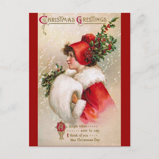 Clapsaddle: Winter Girl with Holly Hat Postcard (Front)