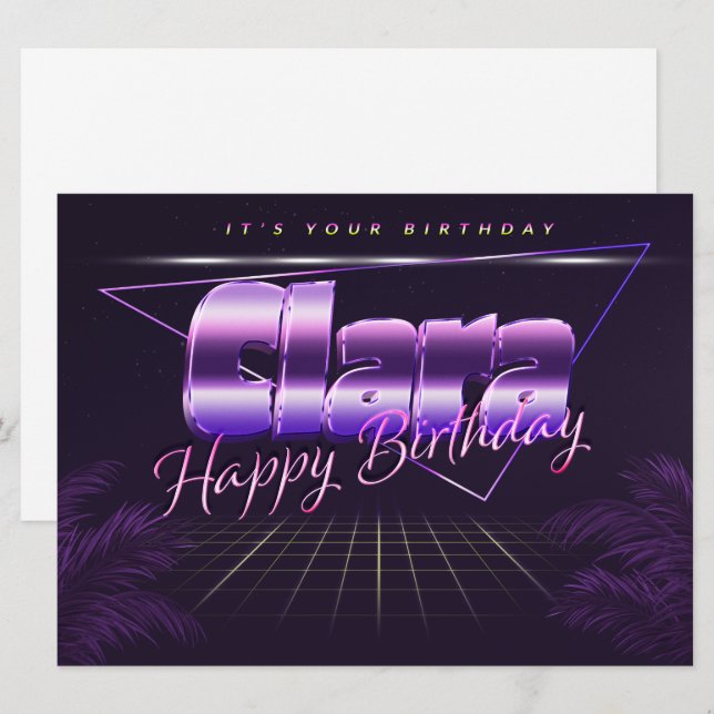 Clara Nom Prénom lila carte rétro anniversaire (Devant / Derrière)