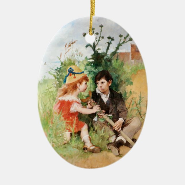 Clare with Boy and Crutch Ceramic Ornament (Front)