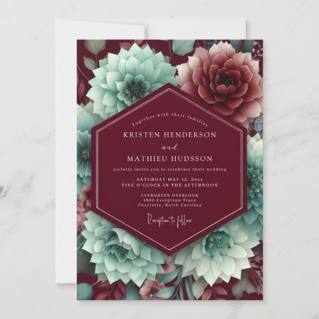 Claret Aquamarine Bloom Wedding Invitation (Front)