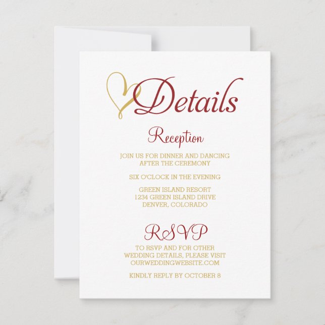 Claret Gold Heart Wedding Details Card (Front)