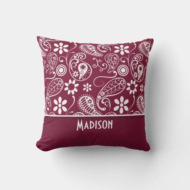 Claret Paisley; Personalized Throw Pillow (Front)