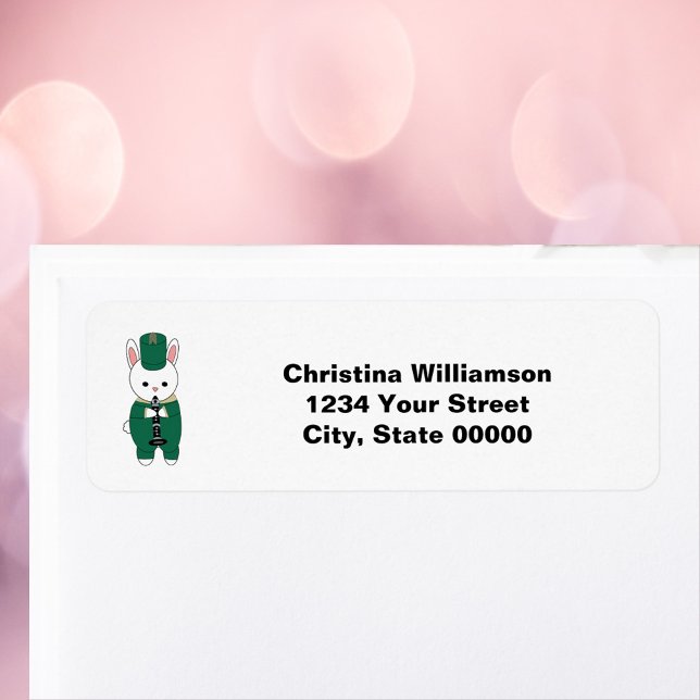 Clarinet Band Rabbit Green Return Address (A return address label with a bunny playing the clarinet wearing green & gold.)