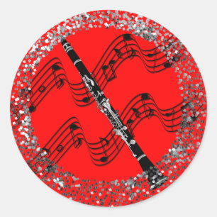 Clarinet, colorful red background,  classic round sticker