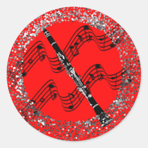 Clarinet, colourful red background,  classic round sticker