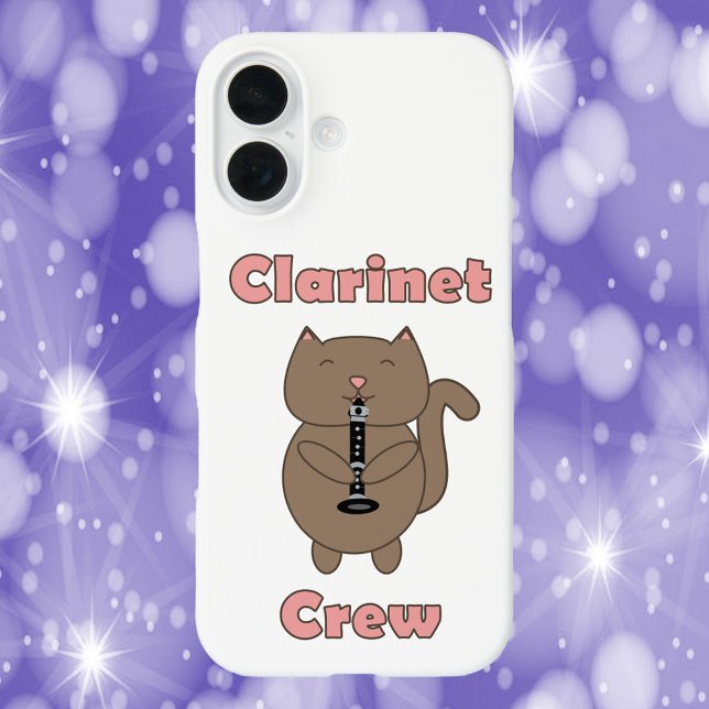Clarinet Crew Brown Cat Pink Case-Mate iPhone Case (A phone case with a brown cat playing the clarinet and the words Clarinet Crew.)