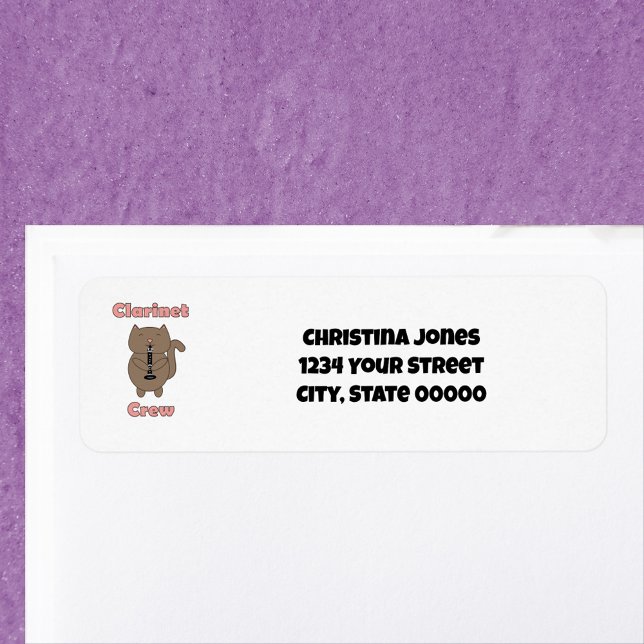 Clarinet Crew Cat Return Address Label Personalize (A return address label with a clarinet playing cat and text you can personalize.)