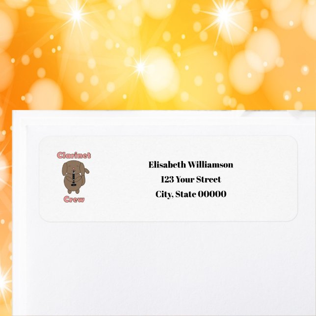 Clarinet Crew Cute Brown Dog Personalize Return (A return address label with a dog playing the clarinet.)