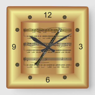 Clarinet ~ Curved Sheet Music ~ Gold Background ~ Square Wall Clock