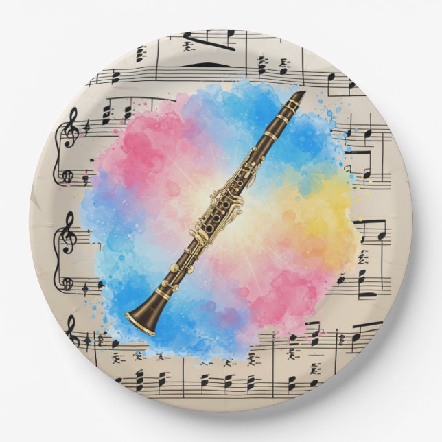 Clarinet Harmony: Colourful Watercolors  Paper Plate (Front)