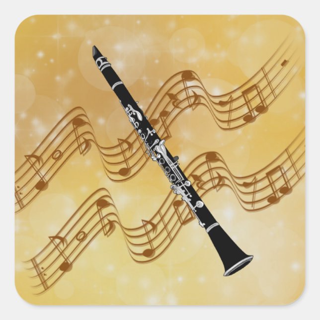 Clarinet, magical golden music, square sticker (Front)