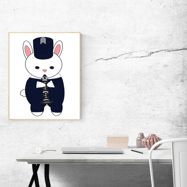 Clarinet Marching Band Rabbit Bunny Navy Blue  Poster (A poster of a bunny rabbit playing the clarinet in a navy blue and white marching band uniform.)