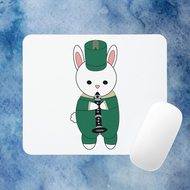 Clarinet Marching Band Rabbit Green Gold Mouse Pad (A mouse pad with a rabbit playing the clarinet wearing green and gold.)