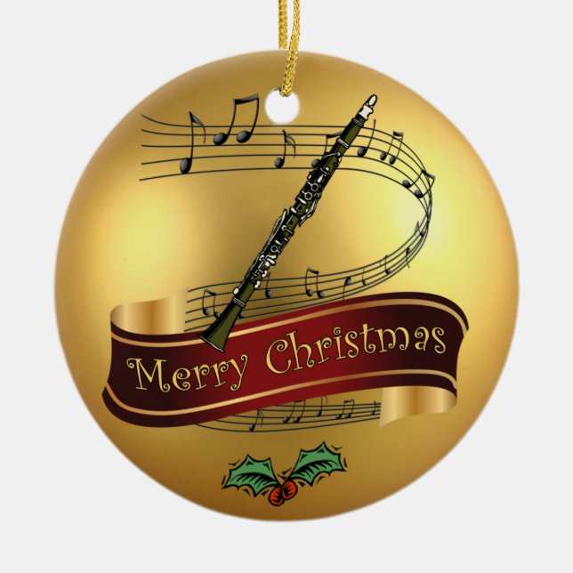 Clarinet ~ Musical Scroll ~ Gold Merry Christmas ~ Ceramic Ornament (Front)